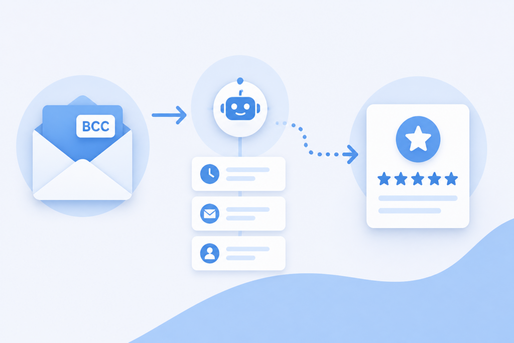 Graphic showing a BCC email workflow leading to a scheduled customer review request