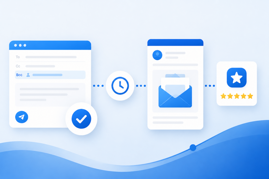 Illustration of an automated Google review request workflow triggered by a customer email BCC.