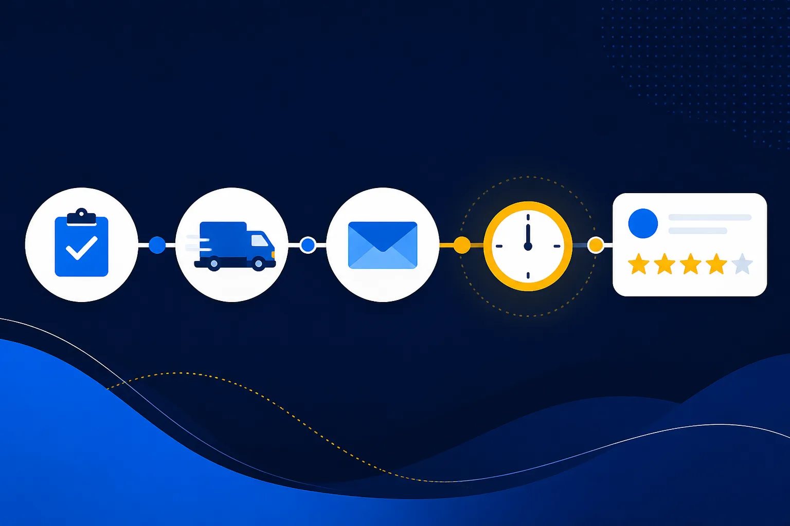 Graphic showing a customer completion milestone, a delayed email, and a review request