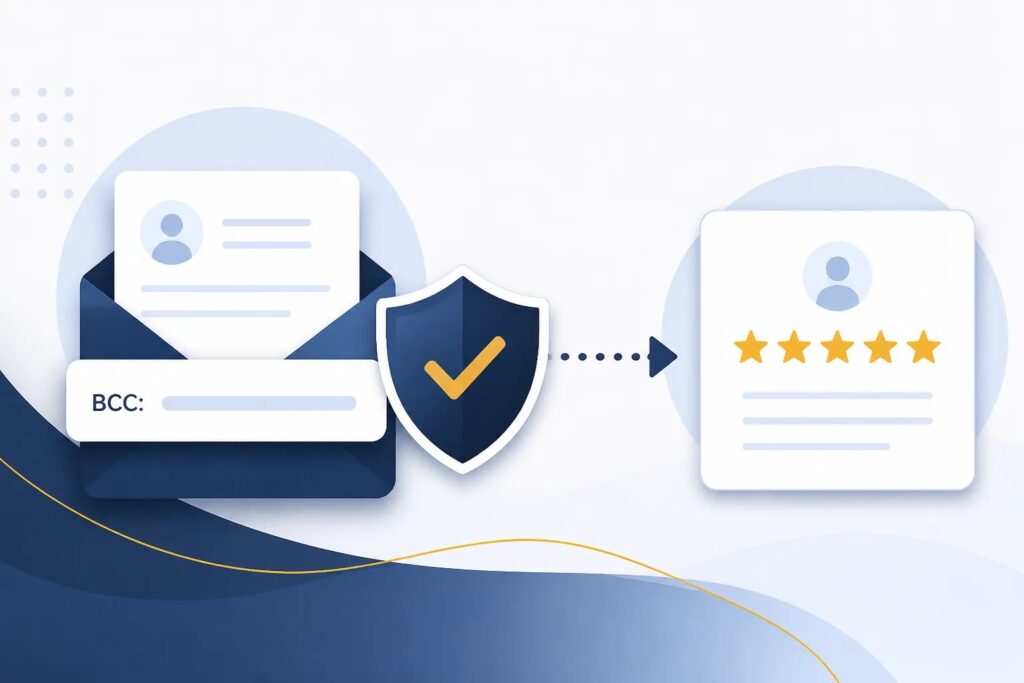 Graphic showing verified email senders securely triggering review requests