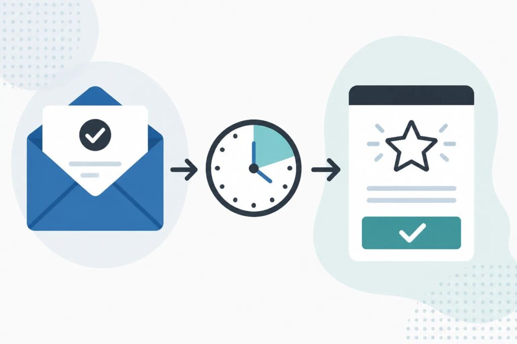 Clean graphic showing a completion email, follow-up delay, and review invitation workflow.