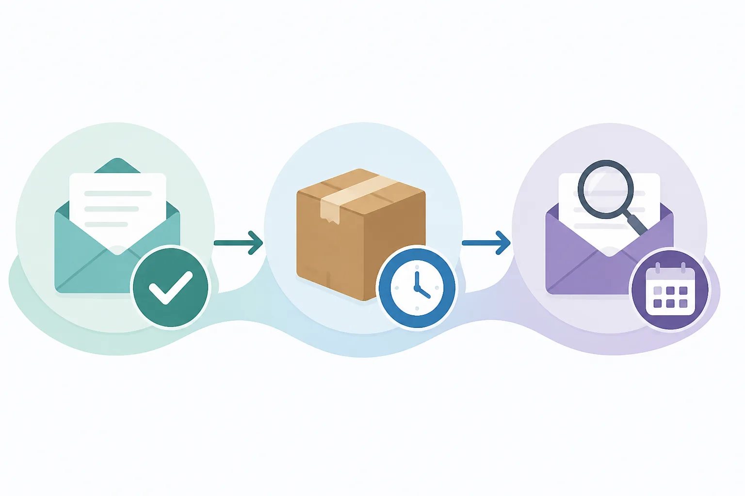 Illustrated timing guide with icons for a completed service, a next-day follow-up, and a product evaluation period.