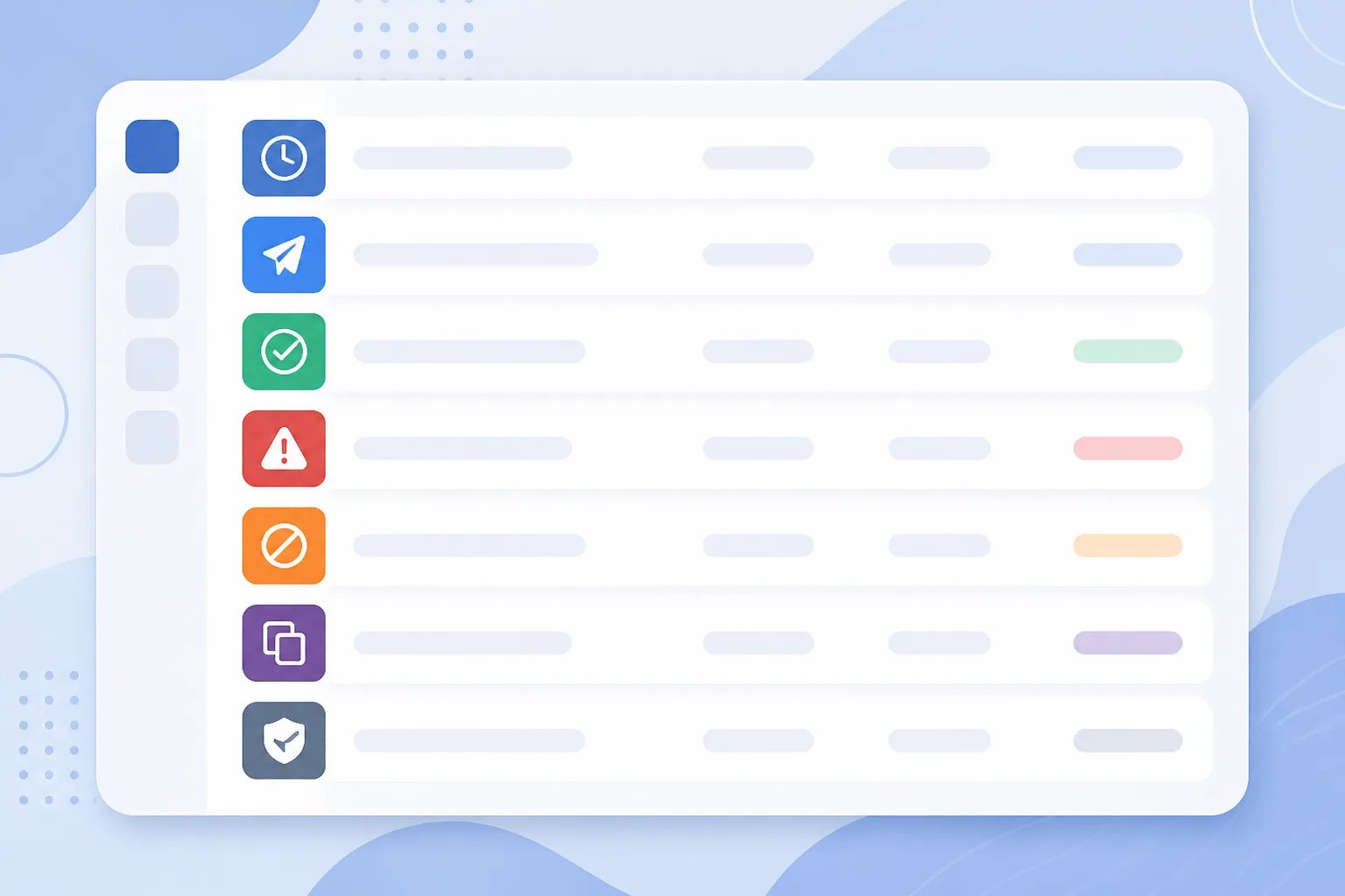 Illustrated request activity dashboard showing distinct icons for scheduled, sent, failed, cancelled, duplicate, and rejected statuses.