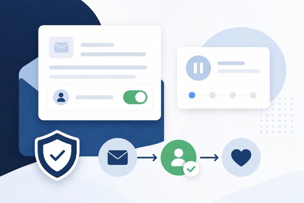 Clean graphic showing an email unsubscribe preference, a protected customer setting, and a paused scheduled review request.