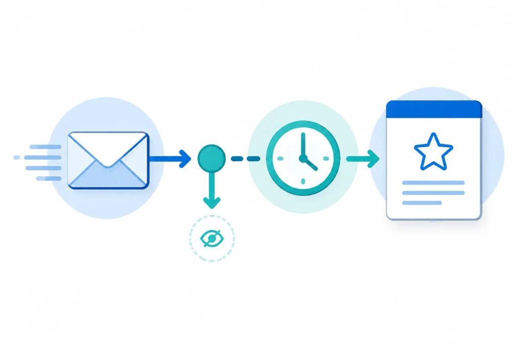 Clean graphic showing a regular customer email triggering a delayed separate review invitation through a BCC workflow.