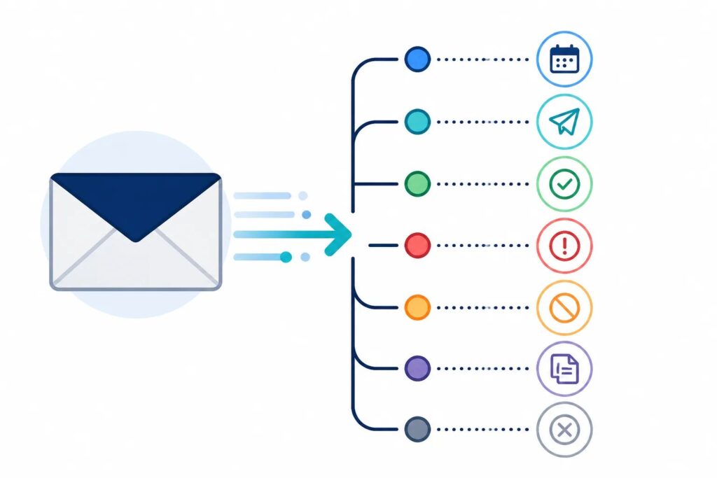 Clean graphic of an email moving through a review request status timeline with colored status indicators.