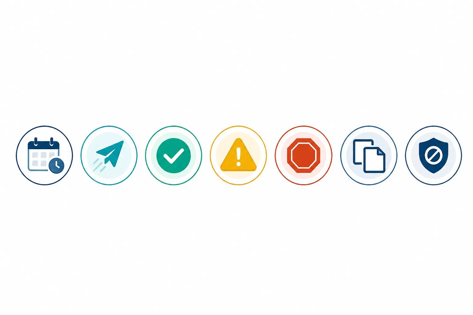 Illustrated sequence of seven icons representing stages and outcomes in a review request workflow.
