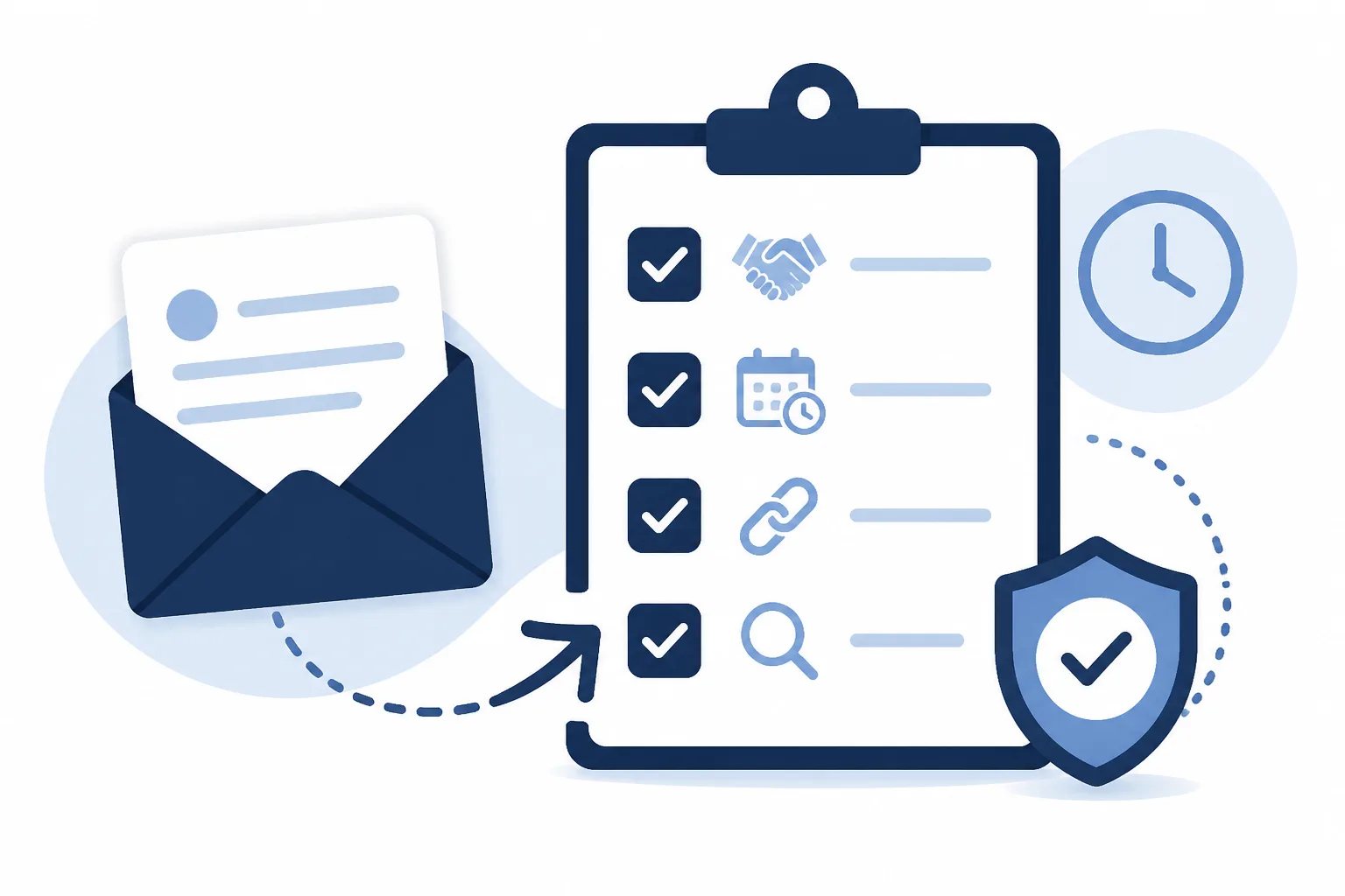 Clean graphic showing an email review request workflow with checklist, timing, review link, and duplicate-check icons.