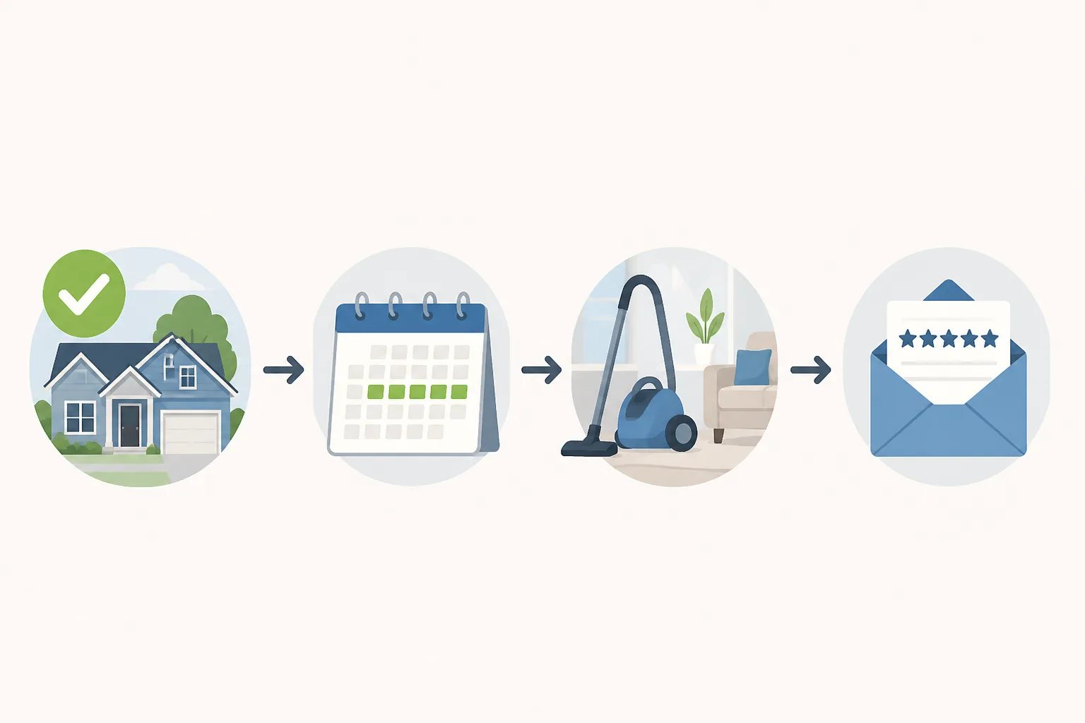 Illustration of a completed customer interaction followed by a waiting period and a separate review invitation email.