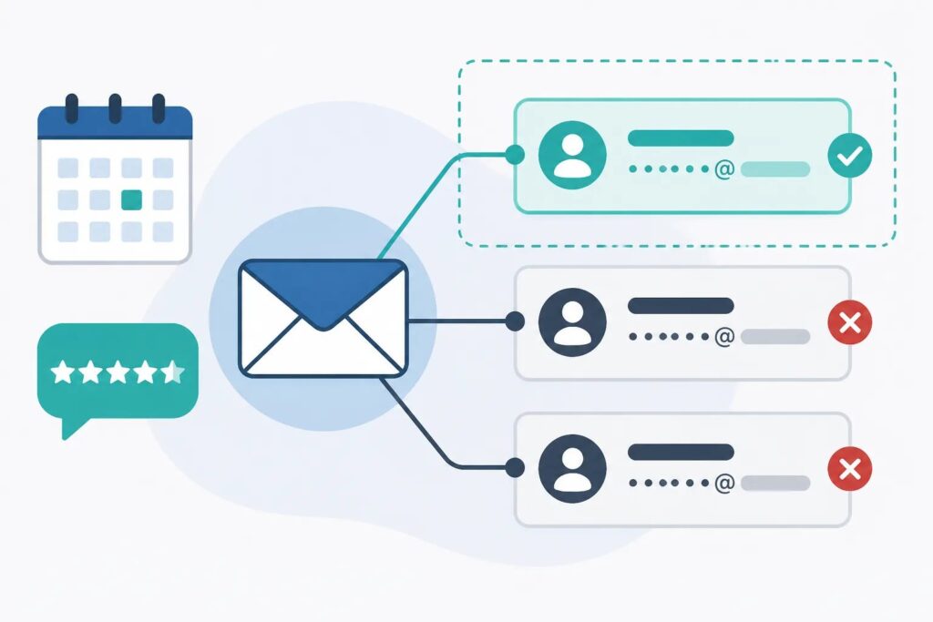 Clean graphic showing approved and unapproved email sender cards connected to an automated review-request workflow.