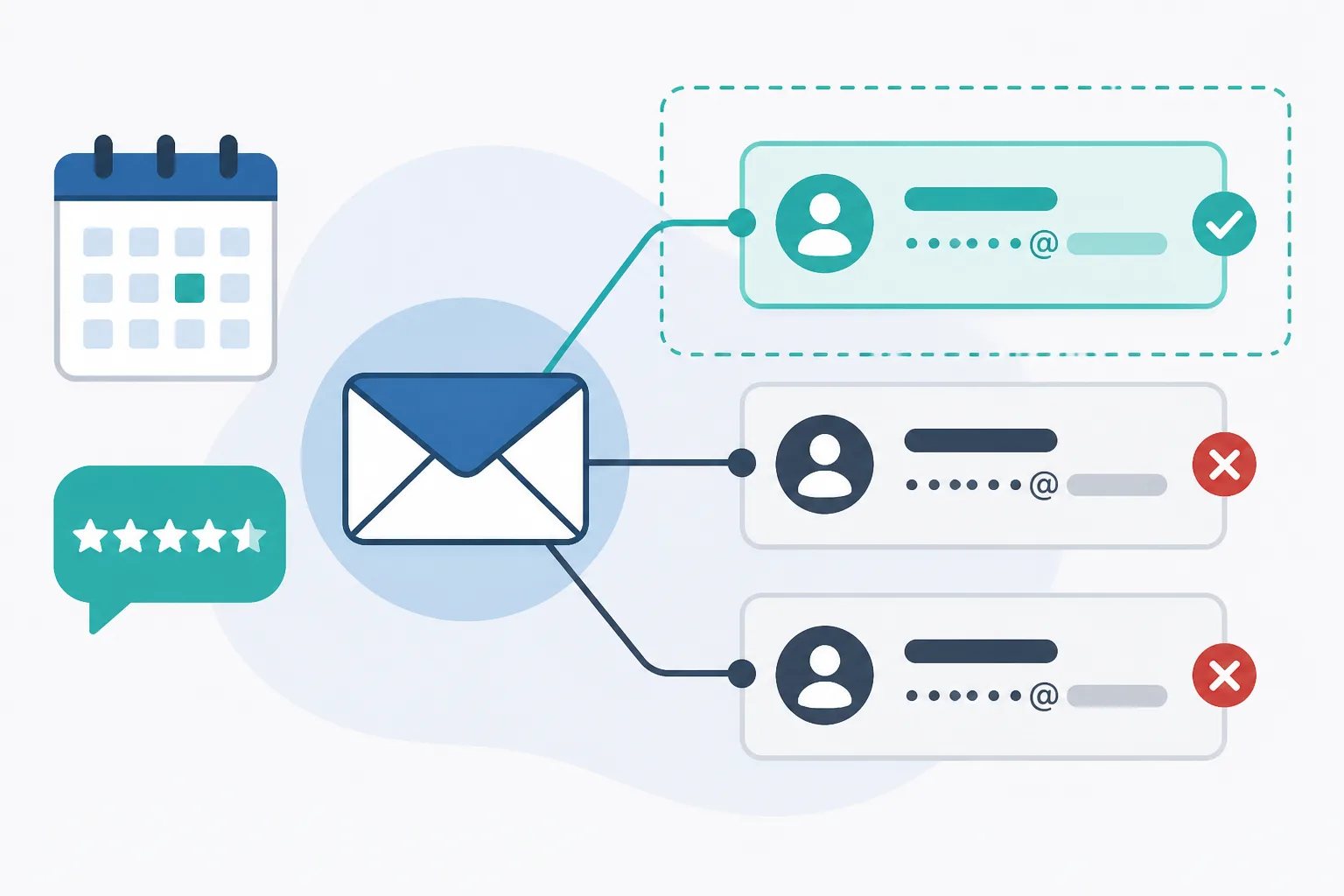 Clean graphic showing approved and unapproved email sender cards connected to an automated review-request workflow.