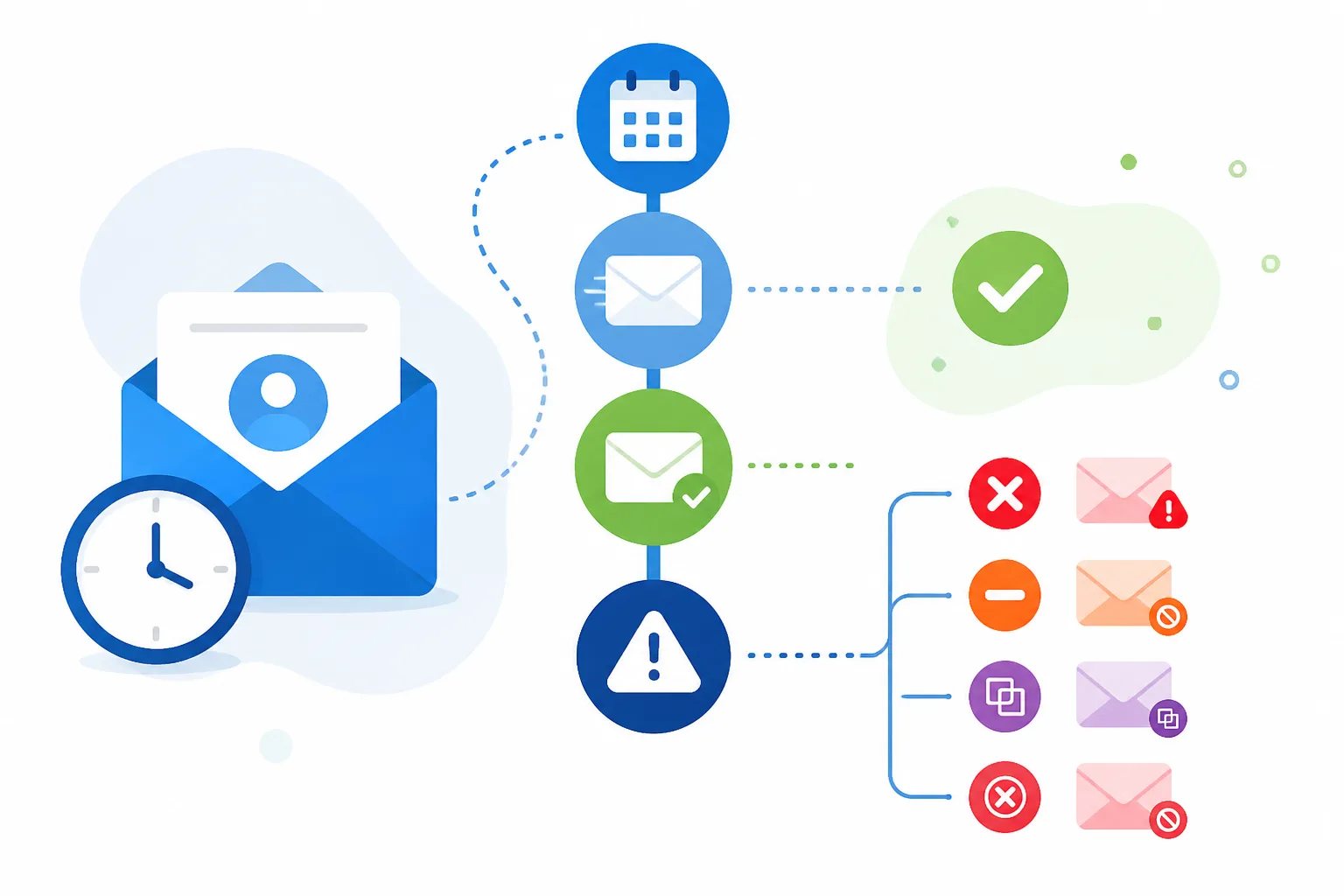 Clean graphic of a review request dashboard with status indicators for scheduled, sent, cancelled, duplicate, failed, and rejected requests.