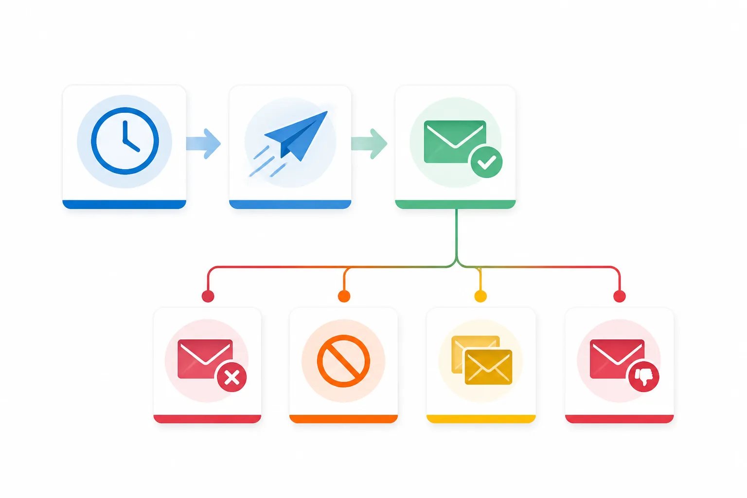 Status flow graphic showing a review request progressing from scheduled to sending and sent, with separate exception indicators.