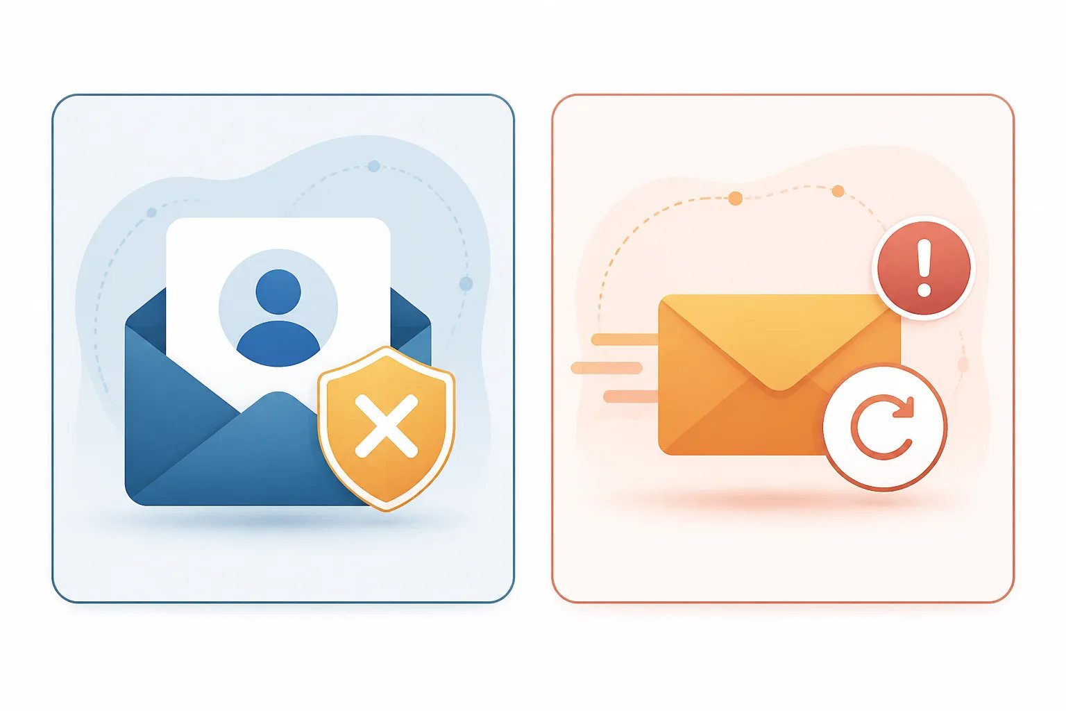 Comparison graphic showing a rejected review request related to sender authorization and a failed request related to delivery processing.